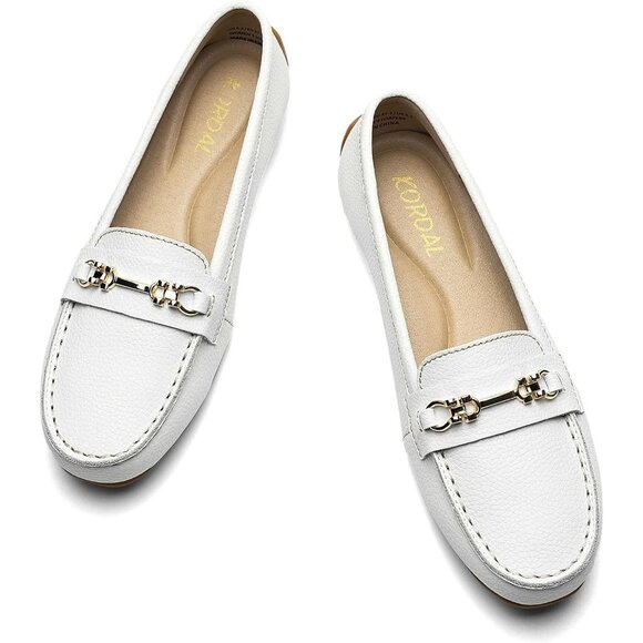 Kordal Women's White Leather Gold Accent Buckle Slip-Ons Walking Flats Loafers - Picture 9 of 9
